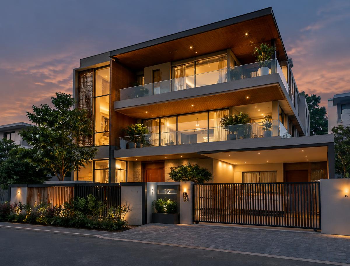Contemporary home at dusk